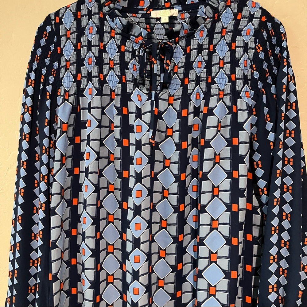 Jade Melody Tam Blue Navy Smocked Neck Tie Peasant Boho Long Sleeve Blouse Sz M - Picture 5 of 14